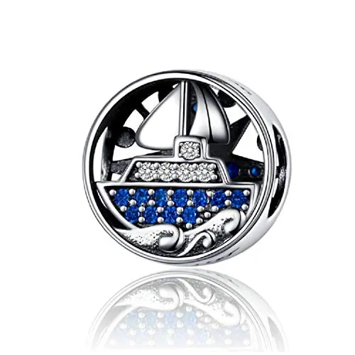 FeatherWish - Ciondolo rotondo a forma di barca a vela, in argento Sterling 925, con zirconia cubica blu, compatibile con braccialetti Pandora