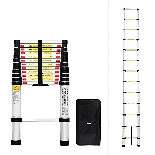 Todeco - Scala Telescopica, Scala Pieghevole - Carico massimo: 150 kg - Standard/Certificazione: EN131 - 3,8 Metri, Borsa per trasporto GRATIS, EN 131