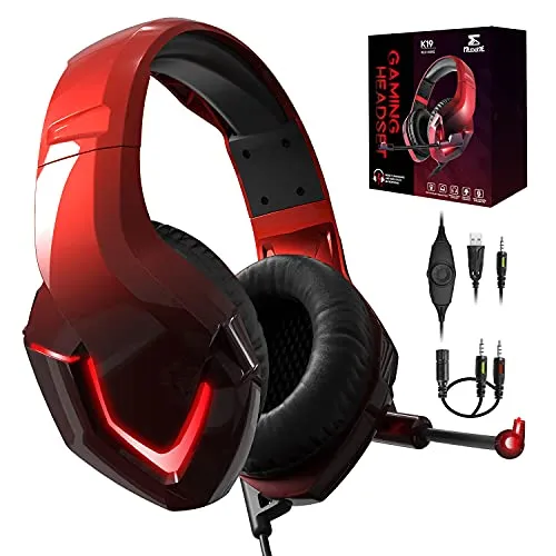 NEEDONE K19 Cuffie Gaming per Xbox One PS4 PS5 PC Nintendo Switch Fortnite Riduzione del Rumore Cuffie con Microfono, Stereo Bassi Profondi, LED, 3.5mm & USB (Rosso)