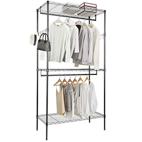 amzdeal Appendiabiti, Appendiabiti a 3 Strati, con 3 Ripiani Regolabili, 2 Barre Appese, Ganci su Entrambi i Lati, Guardaroba, Armadio Multiuso in Metallo, 90x45x170cm, Carico Totale 60 kg