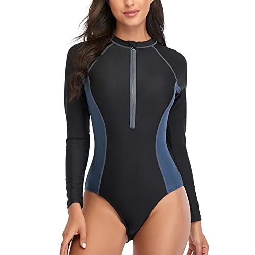 Costume da Bagno a Maniche Lunghe con Cerniera da Donna, Costume da Bagno Intero da Donna Rash Guard Protezione UV Costume da Bagno Push-up da Spiaggia Slim Fit(L-Blu)