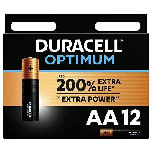 Duracell - Optimum AA, Batterie Stilo Alcaline, confezione da 12, 1.5 V LR6 MX1500