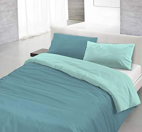 Italian Bed Linen Natural Color Parure Copri Piumino, 100% Cotone, Ottanio/Verde Acqua, Una Piazza e Mezza