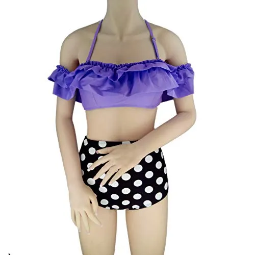 weifengjiaju Costume da Bagno da Donna a Vita Alta in Bikini Nero a Punta Unica con Bordo in Acciaio e Luce Viola L