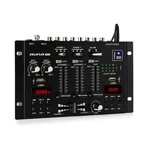 AUNA Pro DJ-22BT MKII - Mixer Consolle Dj, 3/2-Canali, Bluetooth, 2 x USB, 2 Display, Ingressi e Uscite RCA, 3 x Jack per Cuffie da 6.3 e 2 Microfoni, Nero