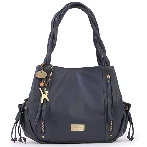 Catwalk Collection Handbags - Vera Pelle - Borsa a Spalla/Borse a Mano/Tote - Con Ciondolo a Forma di Gatto - Caz - BLU