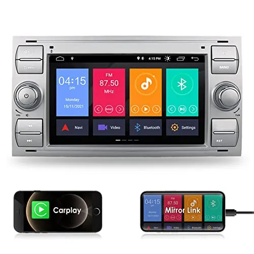 Android 10 Autoradio Carplay Double Din con sistema operativo per Ford C-Max/Connect/Fiesta/Focus, supporto telecomando Mirror-link Bluetooth WiFi 4G EQ DVR SWC RDS(Argento)