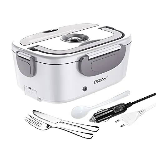 ERAY Scaldavivande Elettrico, Lunch Box Elettrico 24V/ 12V/ 220V 1,5L Contenitore Rimovibile in Acciaio Inossidabile 304, Ideale per Campeggio/ Ufficio/ Scuola, Colore Grigio