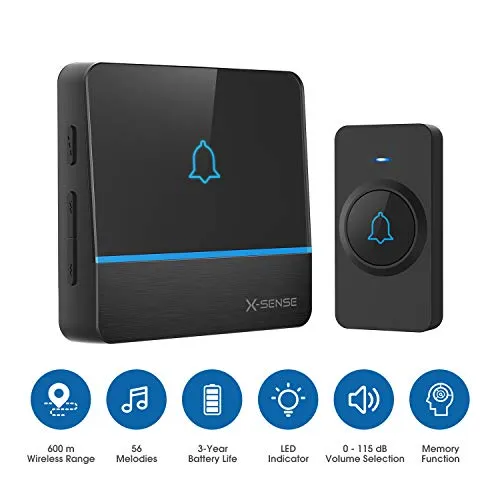 X-Sense Campanello senza fili, kit campanello impermeabile con portata wireless operativa fino a 600 m, 56 melodie e 5 livelli di volume, 1 Trasmettitore Pulsante e 1 Ricevitore, nero