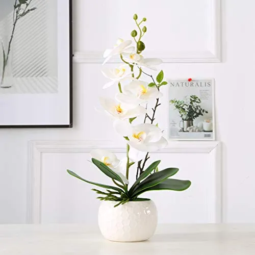 ENCOFT Phalaenopsis Fiori Orchidea pianta Finta con Vaso Artificiali Vaso di Orchidee Bonsai in Vaso con Vaso Arredamento per la casa Decorazione per la Festa Nuziale (Bianca 1, 45cm)