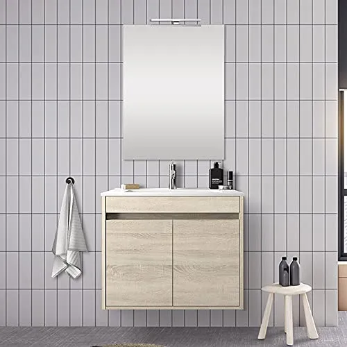 Mobile bagno sospeso 70 cm, serie Mavi 2 ante, arredo bagno moderno completo di lavabo e specchio (Rovere Juta)