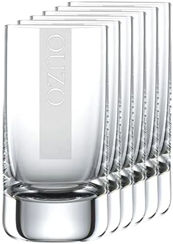 Miriquidi Set di 6 bicchieri per Ouzo, serie Cool Glass OUZO, 5 cl, lavabili in lavastoviglie con incisione laser, bicchieri per Ouzo, 6 pezzi