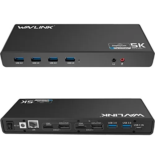 WAVLINK USB 3.0/USB C Ultra 5K Universal Docking Station supporta due uscite video 4K per laptop, PC o Mac (DisplayPort e HDMI, Gigabit Ethernet, uscita audio e Mic in, 6 porte USB 3.0