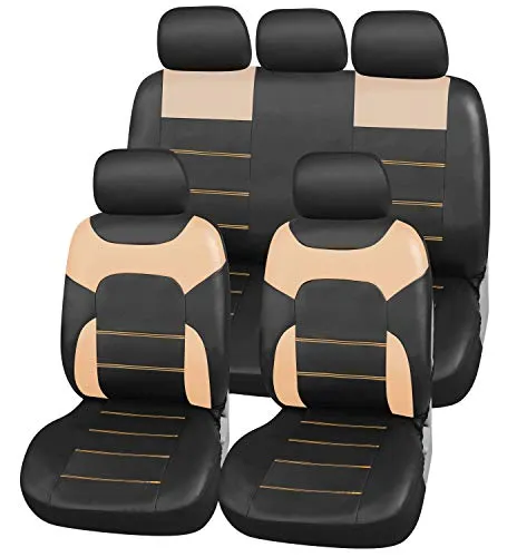 Upgrade4cars Coprisedili Eco-Pelle per Auto Universali Nero & Beige | Set Copri-Sedile Universale Similpelle per Anteriore e Posteriore | Accessori Automobile Interno