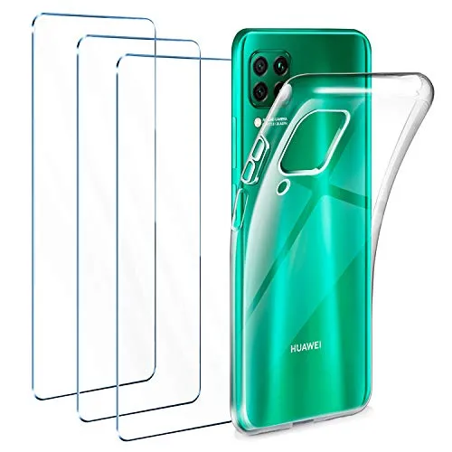 Leathlux Cover Compatibile con Huawei P40 Lite Trasparente con 3 Pellicola Vetro Temperato, Morbido Silicone Protettivo Bumper TPU Gel Smartphone Custodia Case