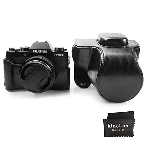 Custodia Fuji X-T100, custodia in pelle kinokoo PU per fotocamera FUJIFILM X-T100 Protezione completa e obiettivo 15-45mm (nero)