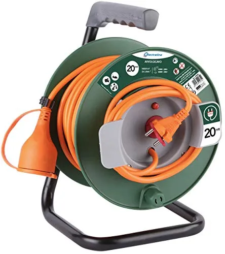 Electraline 49234 Prolunga Giardino con Avvolgicavo, Spina e Presa Europea 2 Poli Adatta per Elettrodomestici da Giardinaggio, con Protezione, 20 Metri