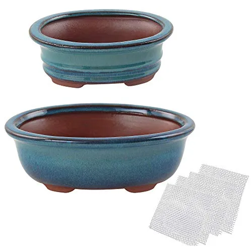 Happy Bonsai - Set di 2 vasi smaltati da 15,2 cm, 20,3 cm, 4 schermi di drenaggio in rete morbida