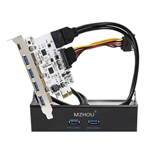 MZHOU 7 Ports PCIe USB 3.0 Card, 5 USB 3.0 Ports And 2 Rear USB 3.0 PCIe Expansion Card Include 3.5'' USB 3.0 Front Panel Expansion bay And 2 Power Cables