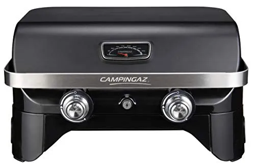 Campingaz Attitude 2100 LX - Barbecue a gas da tavolo, portatile, 2 fuochi in acciaio, potenza 5 kW, griglia di mantenimento al caldo, termometro, griglia di cottura in ghisa e plancha