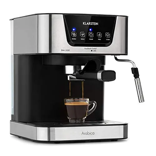 KLARSTEIN Arabica Macchina per Caffè Espresso - 1050 Watt, 15 Bar, Serbatoio Acqua 1,5 L, Display Digitale a LED, Griglia Raccogligocce Lavabile, Serbatoio Acqua Estraibile, Acciaio Inox