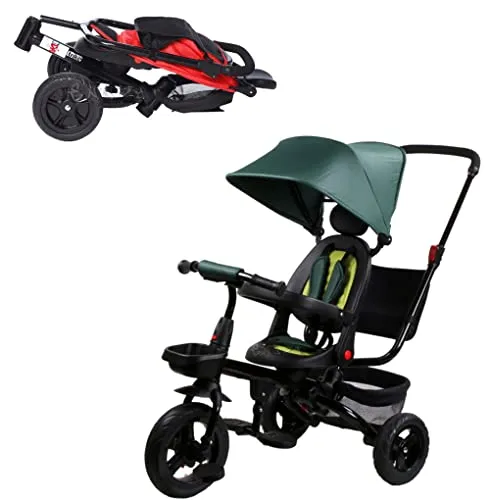 Triciclo Pieghevole per Bambini 1-5 Anni, passeggino verde con maniglione removibile , Tettuccio e Barra Rimovibili,