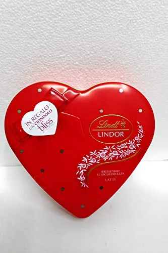 SCATOLA CUORE ROSSO IN LATTA CON CIOCCOLATINI LINDOR AL LATTE LINDT 100 gr + REGALO CIONDOLO BLISS SAN VALENTINO