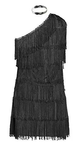 Costume anni 20 da Charleston, firmato Emma's Wardrobe – Include Vestito nero con frange, Fascia, Boa di piume bianche - Costume Charleston per Halloween e Spettacoli – Alta qualità – Taglie EUR 42-44