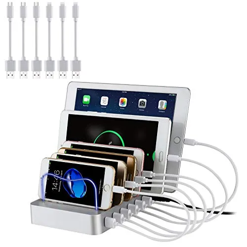 PRITEK Stazione di Ricarica USB con 6 Corti USB Cavi USB Caricabatterie da Tavolo Multi Dispositivo 6 Porte Docking Station & Organizzatore per Cellulare Tablet Auricolari MP3 MP4 (Argento)