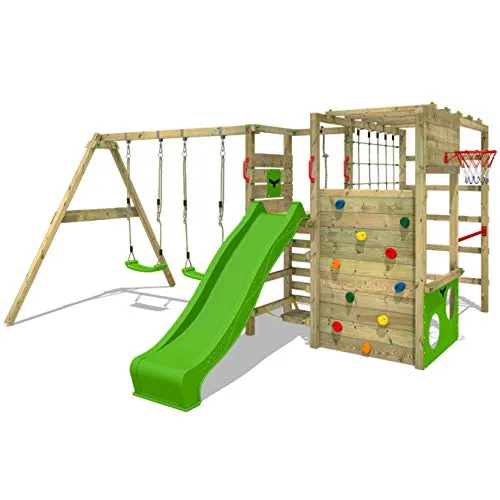 Parco giochi in legno FATMOOSE ActionArena Air XXL con SuperSwing, giochi da giardino per bambini, casetta da gioco, altalena, scivolo