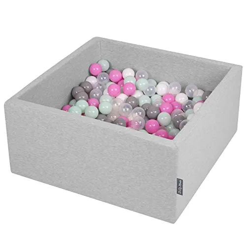 KiddyMoon 90X40cm/300 Palline ∅ 7CM Quadrato Piscina di Palline Colorate per Bambini Fabbricato in EU, Grigio Ch:Trasparente/Grigio/Bianco/Rosa/Menta