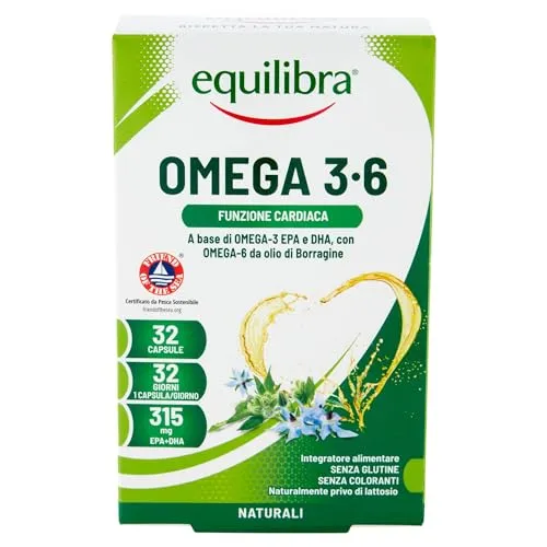 Equilibra Integratori Alimentari, Omega 3-6, Integratore con EPA e DHA, per la Normale Funzione Cardiaca e Cerebrale, per la Capacità Visiva Normale, 32 Capsule