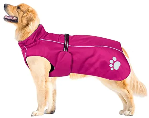 MOREZI Giacca impermeabile per cani, tessuto esterno impermeabile, fodera in pile, bordino riflettente e cintura in vita regolabile, adatta a cani di taglia media e grande-Rosa-XL