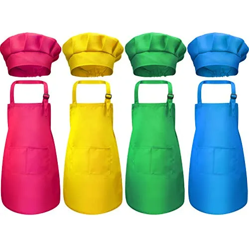 8 Pezzi Bambini Grembiule e Set Cappello da Cuoco, Ragazzi Regolabile Grembiuli in Cotone per Bambini con Grembiuli da Cucina a 2 Tasche per Indossare Abbigliamento da Cucina (Colore 2, Medio)