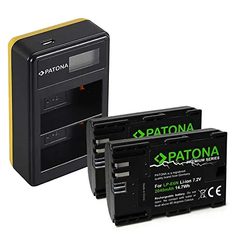 PATONA Caricatore doppio LCD USB con 2x LP-E6N Premium Batteria compatibile con Canon EOS R, 5D Mark II III IV, XC15, 70D, 80D, 90D