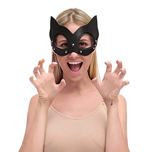 Yzwen Cat Woman Maschera da Lavoro Manuale per Cosplay Regolabile in Pelle con Borchie Costume Rivetti Maschera per Travestimento Trucco Accessori per Feste Festa di Halloween di Halloween,Blacka