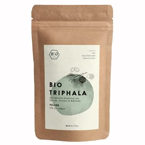 BIONUTRA® Triphala polvere biologica 250 g, Haritaki, Amalaki, Bibhitaki polvere da coltivazione biologica controllata, prodotto del commercio equo e solidale dallo Sri Lanka