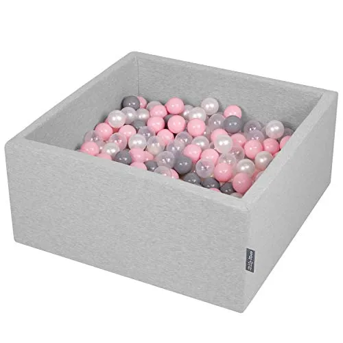 KiddyMoon 90X40cm/300 Palline ∅ 7CM Quadrato Piscina di Palline Colorate per Bambini Fabbricato in EU, Grigio Ch:Perla/Grigio/Trasparente/Rosa Ch