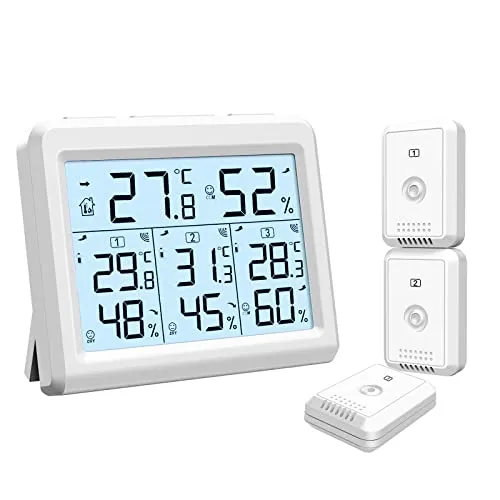 Termometro Igrometro Digitale, ORIA Misuratore di Temperatura e Umidità con 3 Sensori Remoti, Termometro Interno Esterno Wireless con Retroilluminazione, Icona Comfort, Indicatore di Tendenza