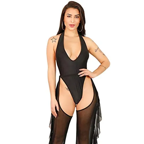 Costumi Sexy delle Donne Summer One Piece Set Maglia da Donna See Through Bikini Cover Up Body + Long Ruffle Pants Abbigliamento Donna Casual Club Outfit Flirt Costume (Color : Black, Size : S)