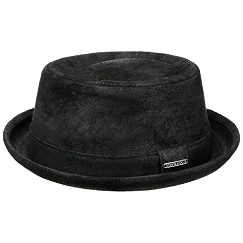 Stetson Pennsylvania Pigskin Pork Pie in Pelle da Uomo - Cappello in Pelle suina - Pork Pie Foderato - Fedora in Used Look Estate/Inverno - Cappello Robusto Nero XL (60-61 cm)