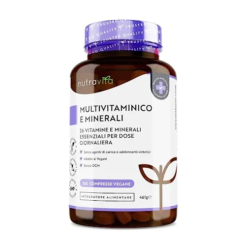 Multivitaminico e Minerali - 365 Compresse Vegane (Fornitura di 1 anno) - Multivitaminico Completo con 26 Vitamine e Minerali Essenziali - Integratore Multivitaminico Uomo e Donne - Nutravita