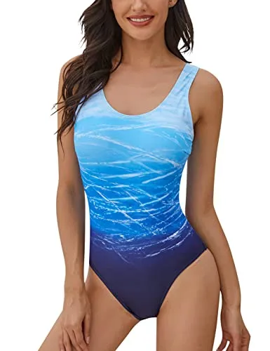 heekpek Costume da Bagno Donna Intero Un Pezzo Costumi Interi Monokini Gradient Sportivo Swimwear Imbottito Brasiliana Swimsuit One Piece Push Up Beachwear(Gradiente Blu,L)