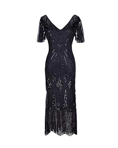 Donne Vestito 1920s Gatsby Paillettes Abito Anni 20 Donna Flapper Dress Charleston per Festa in Costume Nero XL