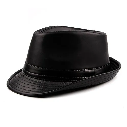 Pelle PU Cappello Fedora Uomo Ragazzi Inverno Berretto Trilby Homburg Gentiluomo, Nero