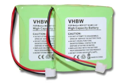 vhbw 2x NiMH Batteria 600mAh (2.4V) per Telefono Fisso Cordless Medion MD81877, MD82711, MD82772, MD82877 sostituisce 5M702BMX, GP0827.