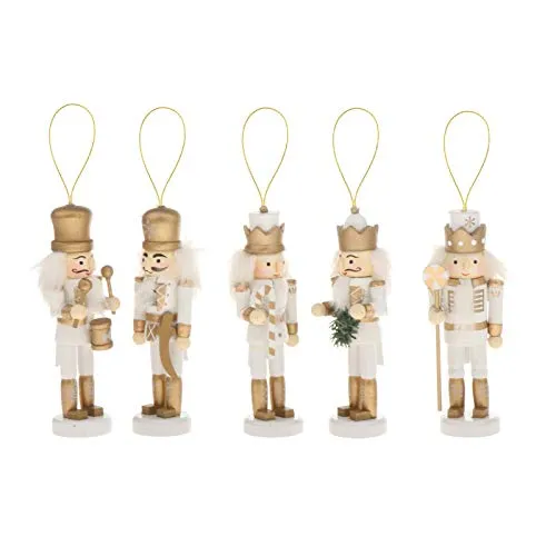T TOOYFUL 5 Pezzi di Figurine di Burattini di Natale in Legno Schiaccianoci Set Pendenti Dell'albero di Natale - Oro Bianco