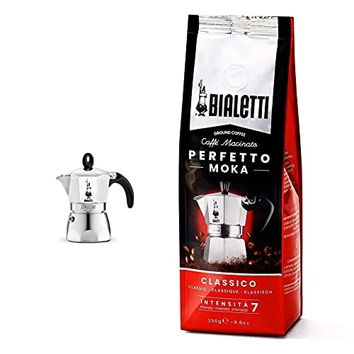 Bialetti Moka Dama Caffettiera, Alluminio, Argento, 2 Tazze & Perfetto Moka Caffe Macinato, Gusto Classico 1 X 250 Gr