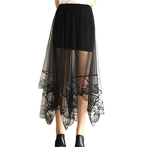 VersusModa Mini Gonna Donna Tulle Lungo Trasparente con Pizzo Nera - Woman Tulle And Lace Skirt 130038 (Nera - Black)