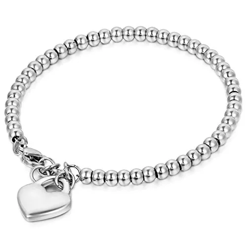 JewelryWe Gioielli Braccialetto fortunato per le donne, acciaio inossidabile lucido, Bracciali per spose, Palle stile semplice, Ciondolo cuore dolce per Good Fortune, argento